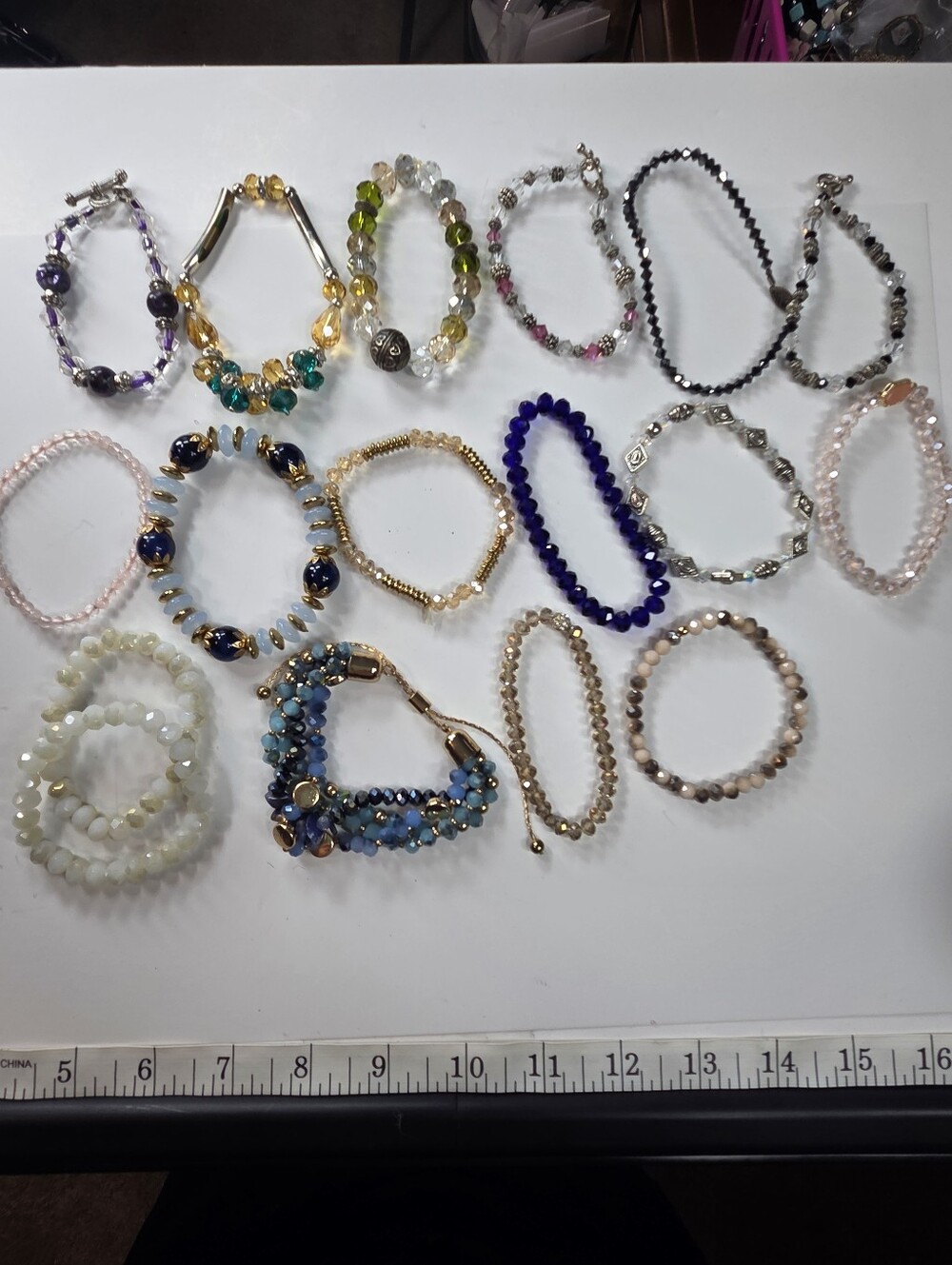 16 Assorted Women's Beaded Stretch Bracelets  Mixed Colors rondelle faceted AB